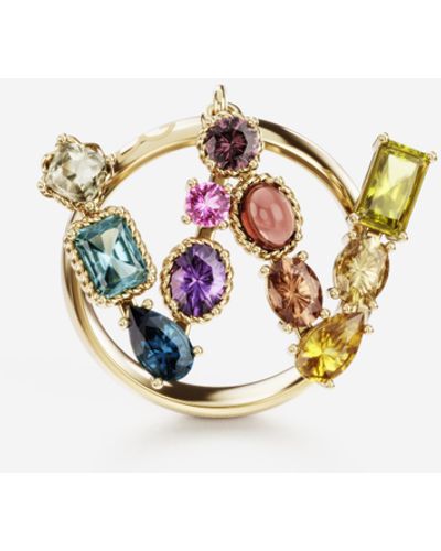 Dolce & Gabbana Rainbow alphabet W ring in yellow gold with multicolor fine gems - Mehrfarbig