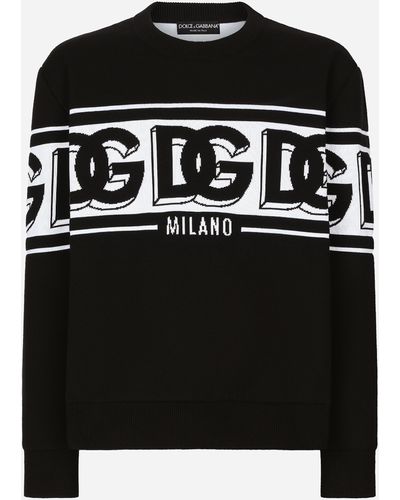 Dolce & Gabbana Pull ras de cou en laine jacquard à logo DG - Noir