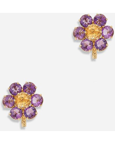 Dolce & Gabbana Spring Earrings In Yellow 18kt Gold With Amethyst Flower Motif - Metallic