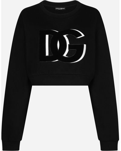 Dolce & Gabbana Kurzes Sweatshirt aus Jersey mit DG-Logopatch - Schwarz