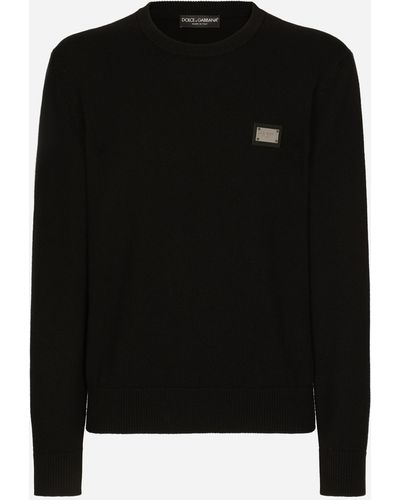 Dolce & Gabbana Jersey de lana con cuello redondo y placa con logotipo - Negro