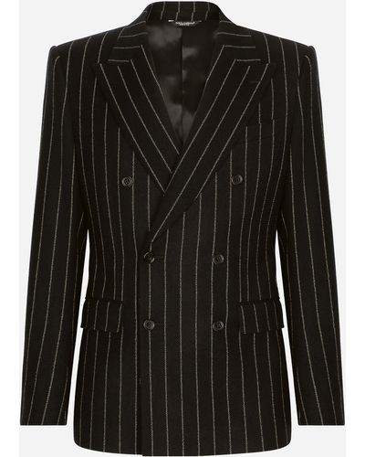 Dolce & Gabbana Chaqueta de botonadura doble en lana elástica con raya diplomática - Negro
