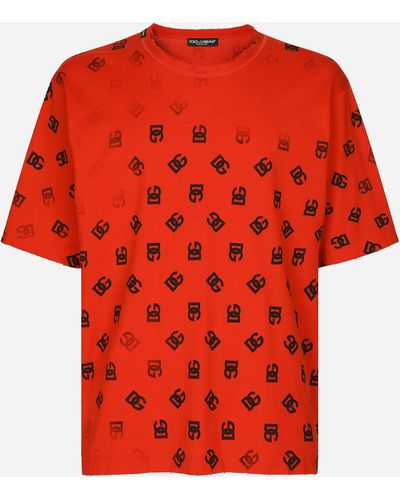 Dolce & Gabbana T-Shirt aus Baumwolle mit Print DG Monogram - Rot