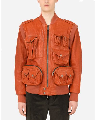 Dolce & Gabbana Leather Jacket With Multiple Pockets - Orange