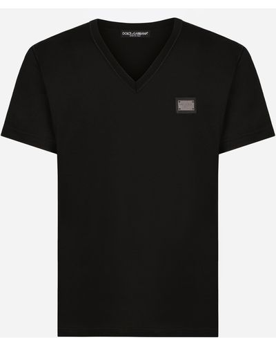 Dolce & Gabbana Baumwoll-T-Shirt V-Ausschnitt mit Logoplakette - Schwarz