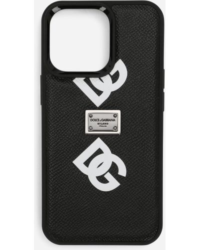 Dolce & Gabbana Cover iPhone 13 Pro aus Kalbsleder DG-Print allover - Schwarz