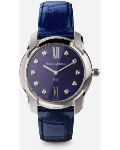Dolce & Gabbana Dg7 Watch In Steel With Lapis Lazuli And Diamonds - Blue
