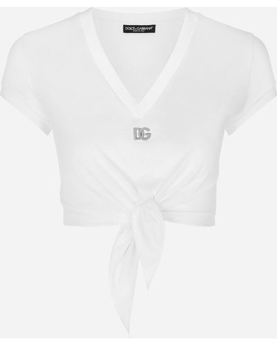 Dolce & Gabbana T-Shirt aus Jersey mit Knoten und DG-Logo - Weiß