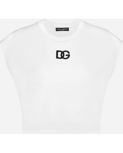 Dolce & Gabbana Kurzes T-Shirt aus Jersey mit DG-Logopatch - Weiß