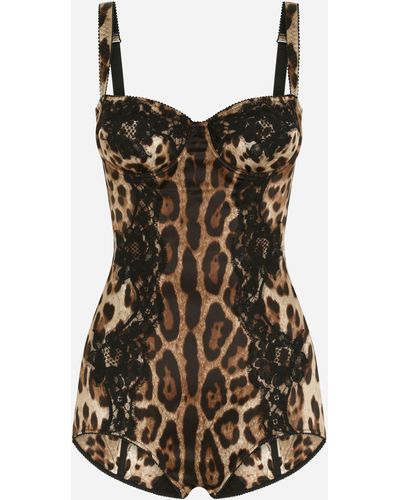 Dolce & Gabbana Silk Balconette Lingerie Bodysuit With Leopard-print Lace Details - Brown