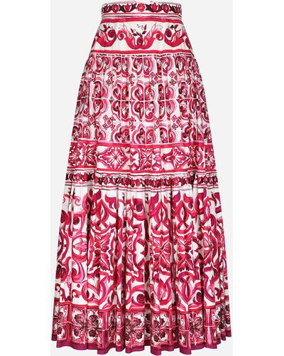 Dolce & Gabbana Falda larga de popelina con estampado Maiolica - Rojo
