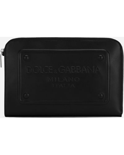 Dolce & Gabbana Kleine Pouch Bag Aus Kalbsleder Mit Relieflogo - Schwarz