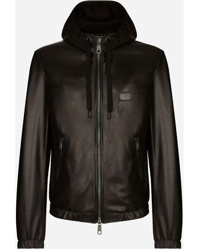 Dolce & Gabbana Leather Jacket With Hood And Branded Tag - Black