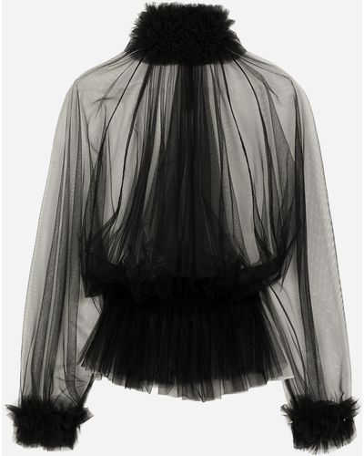 Dolce & Gabbana Blusa in tulle con volant su collo e polsi - Nero