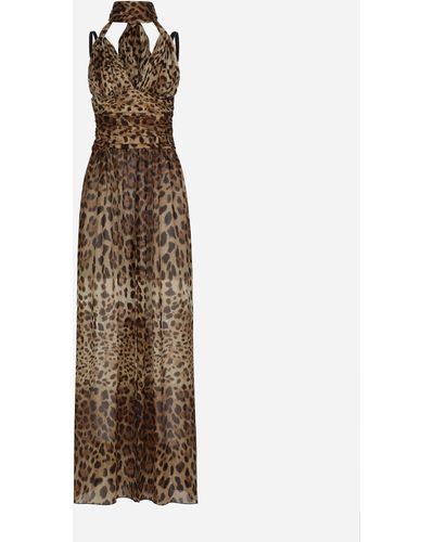 Dolce & Gabbana Vestido largo de chifón con estampado de leopardo - Neutro