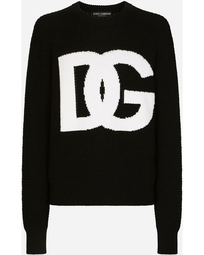 Dolce & Gabbana Round-Neck Wool Sweater With Dg Logo Inlay - Black