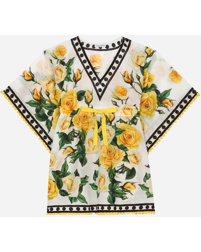 Dolce & Gabbana Kaftan aus Batist Print gelbe Rosen - Mettallic