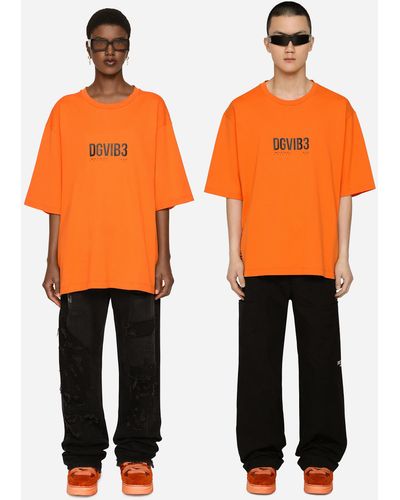 Dolce & Gabbana Camiseta en punto de algodón con estampado DG VIB3 y logotipo - Naranja