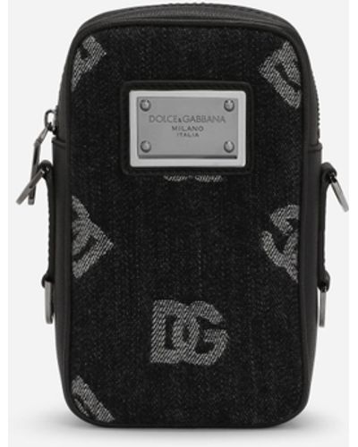 Dolce & Gabbana Kleine Umhängetasche aus Logo-Denim und Kalbsleder - Schwarz