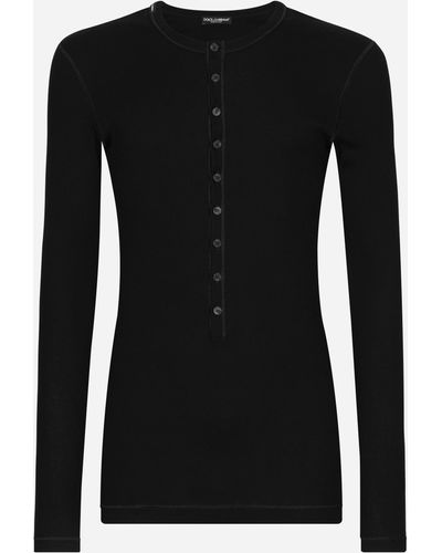 Dolce & Gabbana Long-sleeved Granddad-neck T-shirt In Washed Fine-rib Cotton - Black