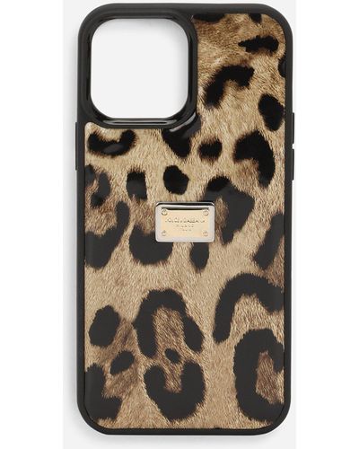 Dolce & Gabbana Funda para iPhone 14 Pro Max en piel de becerro brillante con estampado de leopardo - Neutro