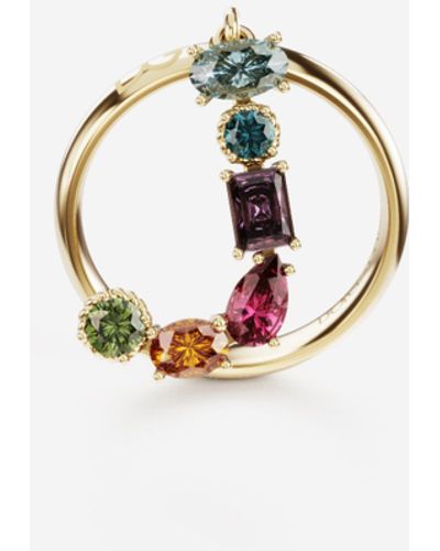 Dolce & Gabbana Rainbow Alphabet J Ring In Yellow Gold With Multicolour Fine Gems - Metallic