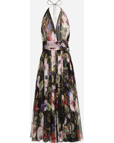 Dolce & Gabbana Longuette-Kleid aus Chiffon Rosengarten-Print - Weiß