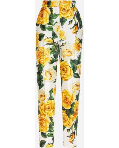 Dolce & Gabbana High-waisted Mikado Trousers With Yellow Rose Print - Metallic
