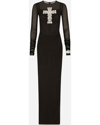 Dolce & Gabbana Vestido largo de tul con bordado de cruz en strass - Negro