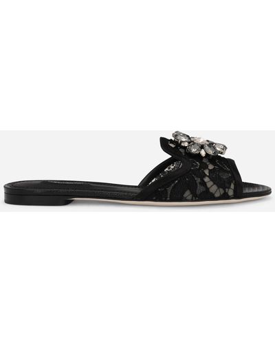 Dolce & Gabbana Slippers In Lace With Crystals - Schwarz