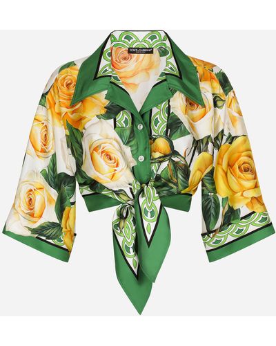 Dolce & Gabbana Camisa corta con lazo de seda con estampado de rosas amarillas - Metálico