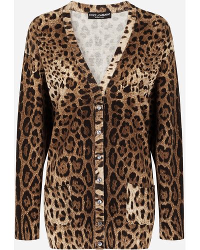 Dolce & Gabbana Cardigan in cashmere stampa leopardo - Marrone