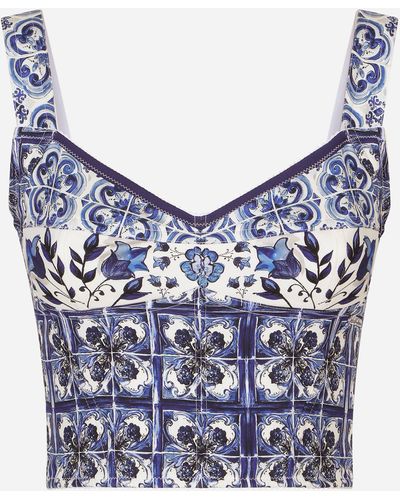 Dolce & Gabbana Bustier en charmeuse à imprimé majoliques - Bleu