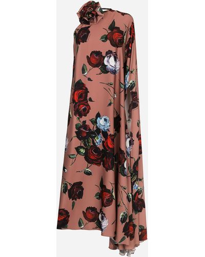 Dolce & Gabbana Asymmetrisches Kleid aus Charmeuse Vintage-Rosenprint - Mehrfarbig