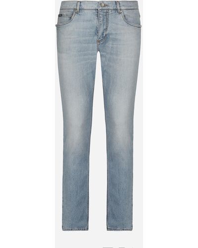 Dolce & Gabbana Regular Fit Washed Stretch Denim Jeans With Abrasions - Blue