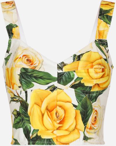 Dolce & Gabbana Cotton Corset Top With Yellow Rose Print