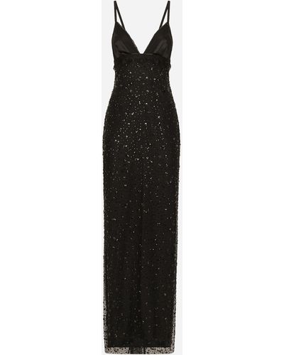 Dolce & Gabbana Vestido largo tipo combinación de tul con bordado integral de strass - Negro