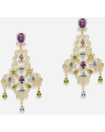 Dolce & Gabbana Pizzo Earrings In Yellow Gold Filigree With Amethysts, Aquamarines, Peridots And Morganites - White