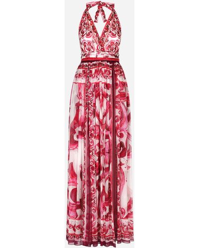 Dolce & Gabbana Long Sleeveless Chiffon Dress With Majolica Print - Red