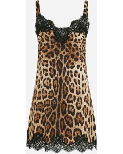 Dolce & Gabbana Leopard-print satin lingerie slip with lace detailing - Marron