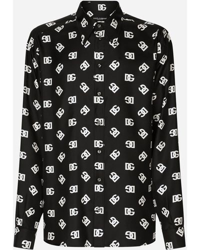 Dolce & Gabbana Camisa Martini en raso de seda con estampado de logotipos DG - Negro