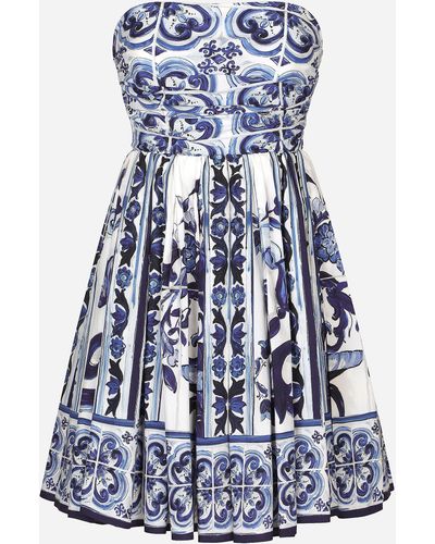 Dolce & Gabbana Kurzes Kleid aus Popeline Majolika-Print - Blau