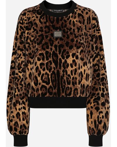Dolce & Gabbana Round-neck chenille sweatshirt with jacquard leopard design - Noir