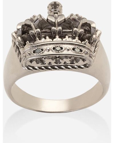 Dolce & Gabbana Anello Crown con corona in oro bianco e diamanti neri