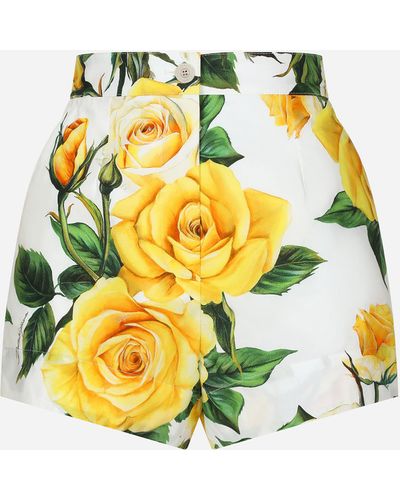 Dolce & Gabbana Shorts aus Baumwolle Gelbe-Rosen-Print - Weiß