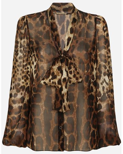 Dolce & Gabbana Chemise en mousseline avec lavallière et imprimé léopard - Marron