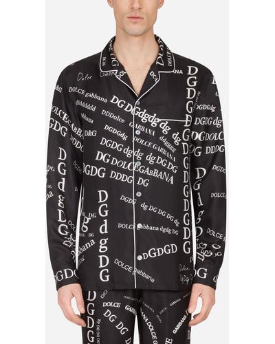 Dolce & Gabbana Silk Pajama Shirt With Lettering Print - Schwarz