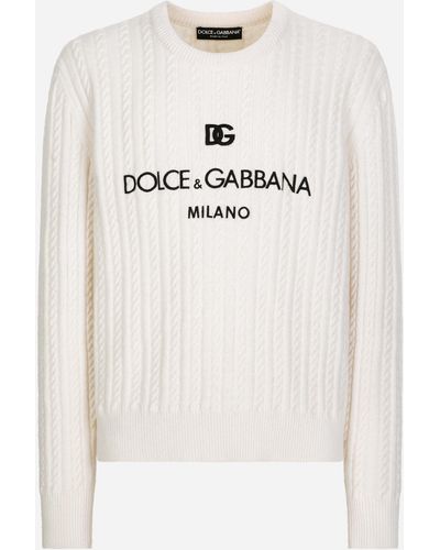 Dolce & Gabbana Maglia girocollo in lana con ricamo logo - Neutro
