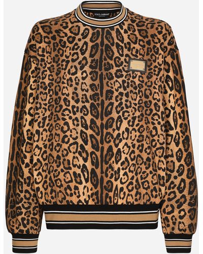 Dolce & Gabbana Sweat-shirt ras-de-cou à imprimé crespo léopard et plaquette - Marron