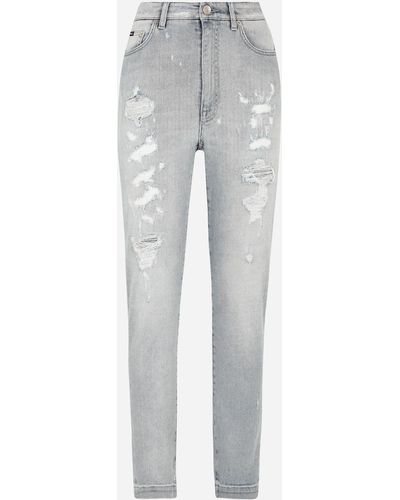 Dolce & Gabbana Light Blue Denim Grace Jeans With Ripped Details - Grey